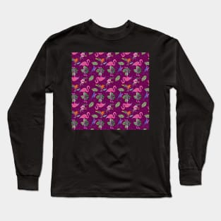 Flamingo Party on Magenta Background Long Sleeve T-Shirt